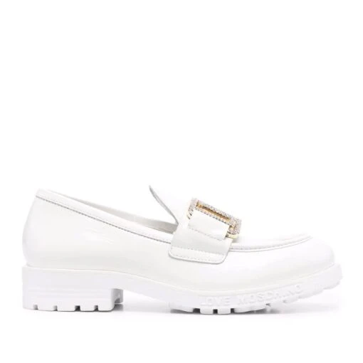 LOVE MOSCHINO LOGO-PLAQUE LEATHER LOAFERS -Jeffrey Campbell || Public Desire || Ash Store lovemoschinowhiteloafers1